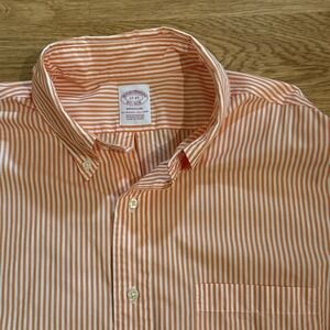 Brooks Brothers Shirt Men's Madison 17-37 Orange Striped 100% Supima Cotton